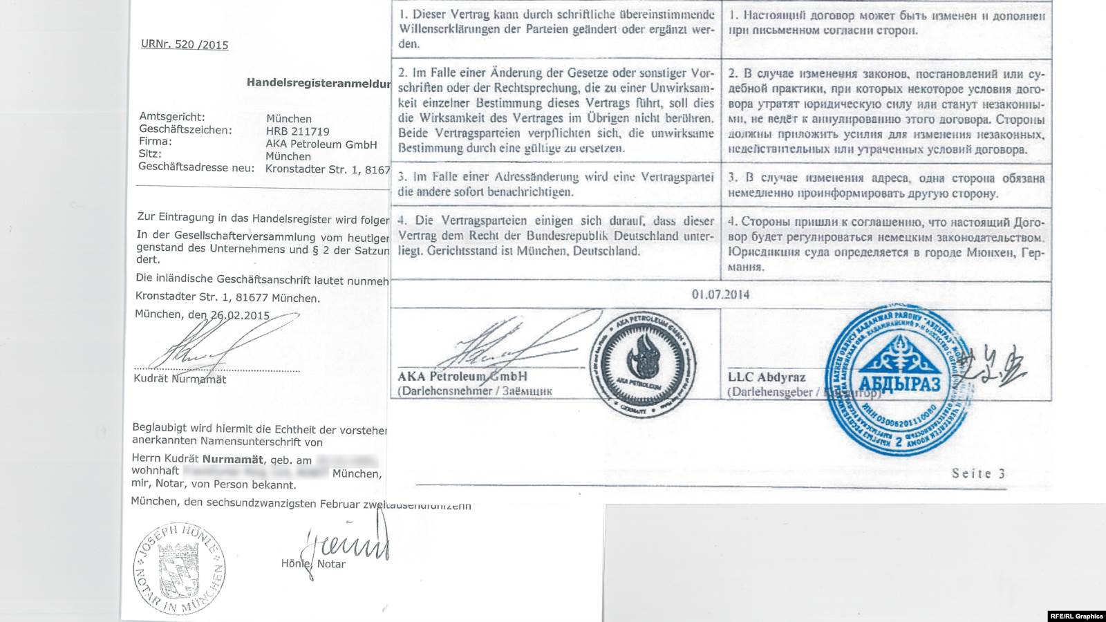 Санади сабтиноми расмии яке аз ширкатҳои олмонии хонаводаи Абдуқодирҳо (чап) имзои Қудрати Нурмуҳаммад, намояндаи маҳаллии ин хонаводаро, дар бар дорад. Дар самти рост қарордоди сурии қарзест, ки Саидмаҳдӣ дар ихтиёри хабанигорон гузоштааст. Вай аз ин қарордод барои тавҷеҳи интиқоли пули хонаводаи Абдуқодирҳо ба Олмон истифода кардааст. Он ҳам имзои Нурмуҳаммадро дар бар дорад. (Рӯяш фишор бидиҳед, то барҷастатар бибинед)