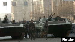 Armenia - Armenian army soldiers are deployed on a street in Yerevan where security forces clashed with opposition protesters, 2 March 2008.