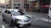 Armenia - A car damaged in an accident in downtown Yerevan.