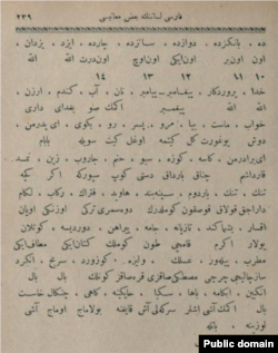 سیاحتنامه چلبی، نمونه واژگان فارسی با ترجمه ترکی (۱۶۵۰)
