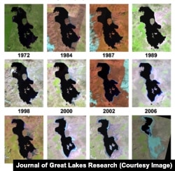 صفحه دوم مقاله نشان‌دهنده روند خشک‌شدن و تغییرات دریاچه از سال ۱۹۷۲ تا ۲۰۱۴ با عکس‌های ماهواره لندست است. منبع: ژورنال جهانی پژوهش‌های دریاچه‌های بزرگ 2014.J.Great Lakes Res