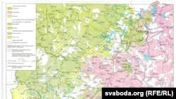 Лінгвістычная мапа Віленшчыны. 1914 год. Белым колерам пазначаны не заселеныя лясныя масівы і балоты. Паводле кнігі "Lietuvos Rytai". Vilnius. 1993
