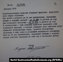 Документ Національного музею «Чорнобиль». Допустимі дози опромінення для населення