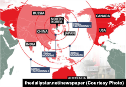 Радіус дії різних ракет Північної Кореї (Джерело: британська газета The Daily Star)