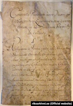 Перша сторінка Конституції Пилипа Орлика, написана латинською мовою. «Договори і постановлення прав і вольностей Війська Запорозького» – акт угоди між гетьманом України Пилипом Орликом і старшиною українського козацтва та козаками, укладений у квітні 1710 року