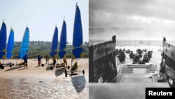 Американські війська пробираються до берега від берегової охорони десантних кораблів Omaha Beach і фото того ж місця сьогодні