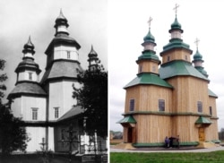 Ліворуч – Троїцька церква у селі Пустовійтівка на Сумщині, яку встиг у 1929 році зафіксувати Стефан Таранушенко. Вже тоді будівля готувалася до знищення, адже з куполів вже зняли хрести. Праворуч на фото Віктора Вечерського – вже відбудована Троїцька церква у 2007 році. (Фото Великої української енциклопедії та В.Вечерського)