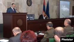 Armenia - Defense Minister Seyran Ohanian speaks at a conference organized by Yerevan State University, 25Jan2012.