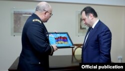 Armenia - Major General Lee Tafanelli, the Kansas adjutant general, meets with Armenian Defense Minister Vigen Sargsian in Yerevan, 27Jan2017.