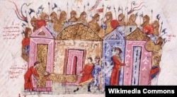 Варязька гвардія візантійського імператора. Мініатюра з рукопису Іоанна Скіліци, XII століття