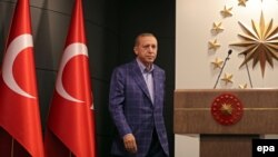 Президент Турции Реджеп Тайип Эрдоган подходит к трибуне, чтобы сделать заявление о  том, что поправки по расширению президентских полномочий одобрены большинством на референдуме. Стамбул, 16 апреля 2017 года.