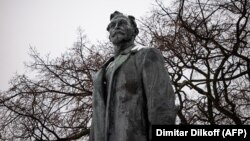 A statue of Feliks Dzerzhinsky, Bolshevik leader and head of the first Soviet secret police organization in a park of Soviet monuments in central Moscow in 2021