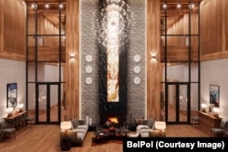 Выгляд фае плошчай 150 м² зь сямімэтровымі столямі на першым паверсе галоўнага катэджу. Ілюстрацыя з дызайн-праекту «Канцэптуальнае рашэньне інтэр’ераў комплексу „Красная Поляна“». Крыніца: BelPol