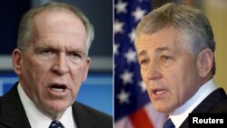 دو نامزد باراک اوباما برای احراز پست وزارت دفاع، چاک هیگل (‌راست) و جان برنان برای ریاست سازمان سیا