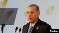 Turkish President Recep Tayyip Erdogan attends a press conference on the sidelines of the G20 summit in New Delhi on September 10.