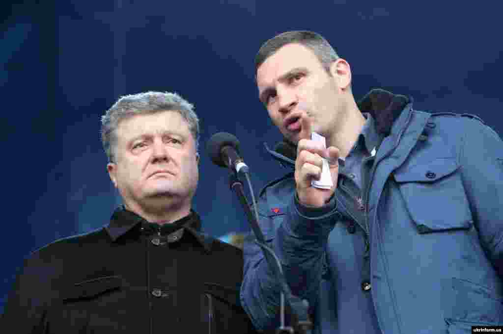 Український політик Петро Порошенко і народний депутат України Віталій Кличко (зліва направо) під час сьомого народного віча, Київ, 12 січня 2014 року