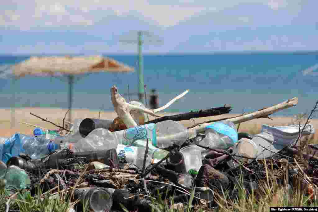 &quot;Береке&quot; пансионатындагы көрүнүш. Туристтик сезондун ачылганына карабай көл жээги таштандыдан арыла элек.