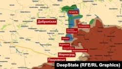 Віддтинок фронту Покровськ-Мирноград-Добропілля на мапі станом на 27 жовтня 2025