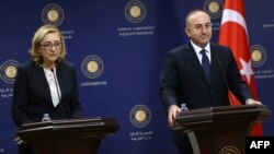 Министры иностранных дел Турции и Грузии - Мелют Чавушоглу и Тамар Беручашвили - на совместной пресс-конференции в Анкаре, 9 декабря, 2014 г․