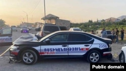 Armenia- A police car damaged in an accident in Ararat province, June 8, 2025.