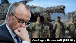 Лидерът на ХДС Фридрих Мерц на фона на германски военни. Колаж, Свободна Европа.