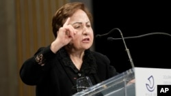 Shirin Ebadi speaks during an International Women's Day event in Paris in March 2024.