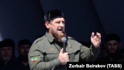 Кіраўнік Чачэнскай Рэспублікі Рамзан Кадыраў выступае на мітынгу ў Грозным, 4 верасьня 2017