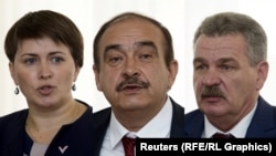 A combo photo shows Belarusian presidential candidates Tatsyana Karatkevich (left), Syarhey Haydukyevich (center), and Mikalay Ulakhovich