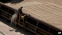 Ukrainian grain is unloaded from a barge in the Black Sea port of Constanta, Romania. (file photo)