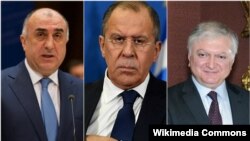 (Слева на право) Министры иностранных дел Азербайджана, России и Армении, Эльмар Мамедъяров, Сергей Лавров и Эдвард Налбандян 