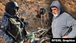 Rusiye uquq qoruyıcısı ve Rustem Useinov yıqılğan evi yerinde. Kollaj