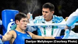 Қазақстан бокс құрамасының бас бапкері Мырзағали Айтжанов (оң жақта) Рио олимпиадасында боксшы Данияр Елеусіновке кеңес беріп тұр.  