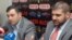 Armenia - Editor-in-chief of the "Zhamanak" daily Arman Babajanian (R) at a news conference in Yerevan, 28Mar2011