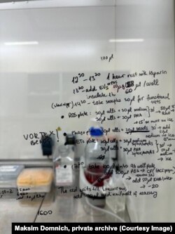 Надпісы на сьцяне лябараторыі, дзе працуе Максім. Фота з прыватнага архіву