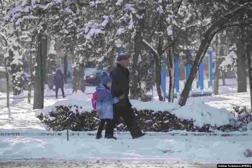 Жаңы жылдык белек алуу үчүн базарга шашкан чоң ата жана небере.&nbsp;