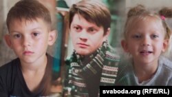 Палітвязень Сяргей Моніч зь дзецьмі. На фота — першаклясьнік Даніла і 5-гадовая Аня.