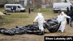 Жапырт көмүлгөн сөөктөрдү эксгумациялоо учуру. Буча. Украина. 2022-жыл.