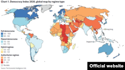 Көк - толук демократиялуу, көгүш - толук эмес демократиялуу, сары - гибрид режимдеги, кызгылт жана кызыл - авторитардык режимдеги мамлекеттер.