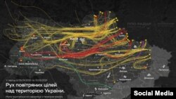 Схема маршрутаў паветраных цэляў над тэрыторыяй Украіны 10 верасьня 2025 году, на якой бачныя і залёты ў Беларусь