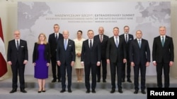 U.S. President Joe Biden (third from left) with leaders from the Bucharest Nine grouping at a summit in Warsaw on February 22. 