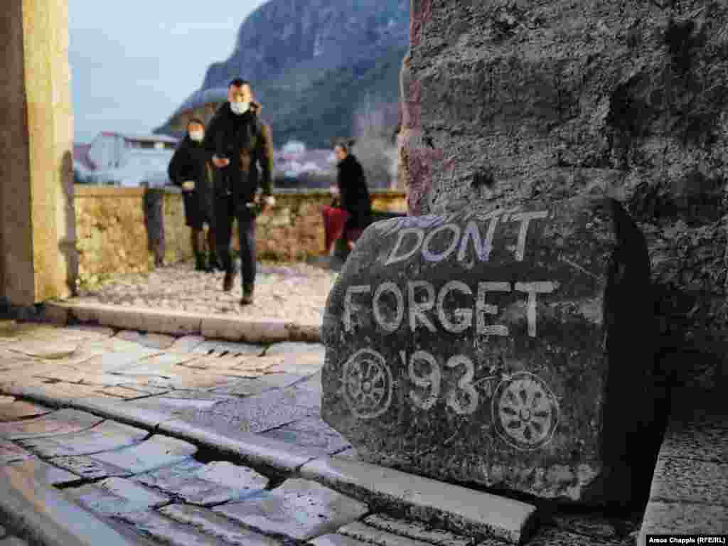 A stone at the entrance to Mostar&rsquo;s iconic Old Bridge references the year when the 16th-century Ottoman structure was destroyed by Croatian fighters. The bridge was rebuilt in the 2000s. &nbsp;