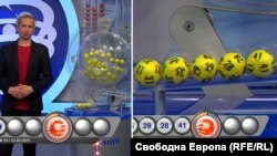 Водещият на "Спорт Тото" Деян Славчев - Део и комбинацията от числа, изтеглена в играта „Втори тото шанс“ на 5 от 35. Колаж