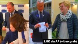 Комбінований відеокадр: на виборах голосують (зліва направо) Саулюс Скверняліс із родиною, Ґітанас Науседа, Інґріда Шимоніте
