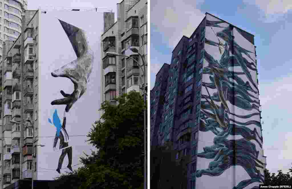 Мурали грецького художника INO (ліворуч; вулиця Мечникова, 18) і португальського Pantonio (проспект Перемоги, 95)