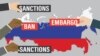 GENERIC – Hands of politicians hold posters with inscriptions - ban, embargo, sanctions. Russian flag on background. Economic and political sanctions are imposed on Russia and individual citizens