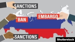 GENERIC – Hands of politicians hold posters with inscriptions - ban, embargo, sanctions. Russian flag on background. Economic and political sanctions are imposed on Russia and individual citizens