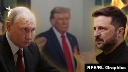 تصاویر ولودیمیر زلنسکی (راست)، دونالد ترامپ و ولادیمیر پوتین، روسای جمهوری اوکراین، آمریکا و روسیه