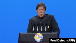 Pakistani Prime Minister Imran Khan speaks at a forum in Beijing in April.