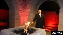 Azerbaijan - President Ilham Aliyev lights flame of the first European Games, Baku, 26Apr2015.
