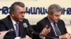 Armenia - Transport and Communications Minister Manuk Vartanian (L) and the chief executive of the Spanish company Corsan Corvian Construccion, Francisco Garcia Martin, at a news conference in Yerevan, 27Apr2012.